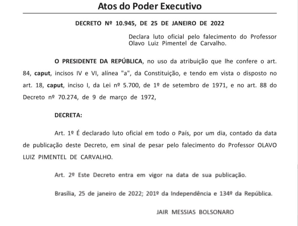 Bolsonaro decreta luto oficial pela morte de Olavo de Carvalho 1