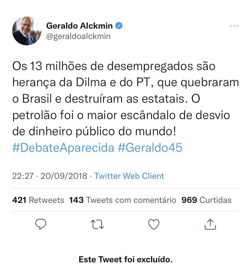 No Twitter, perfil de Geraldo Alckmin apaga publicação que menciona 'petrolão', Lula e Dilma 1