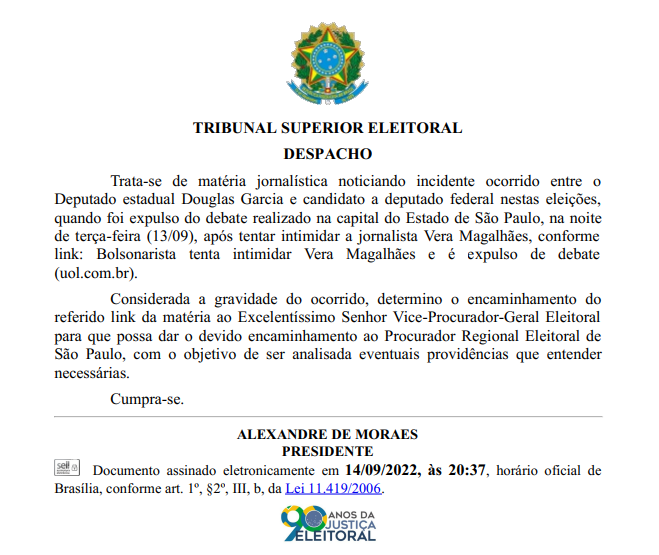 Moraes manda investigar Douglas Garcia por confusão com Vera Magalhães 1