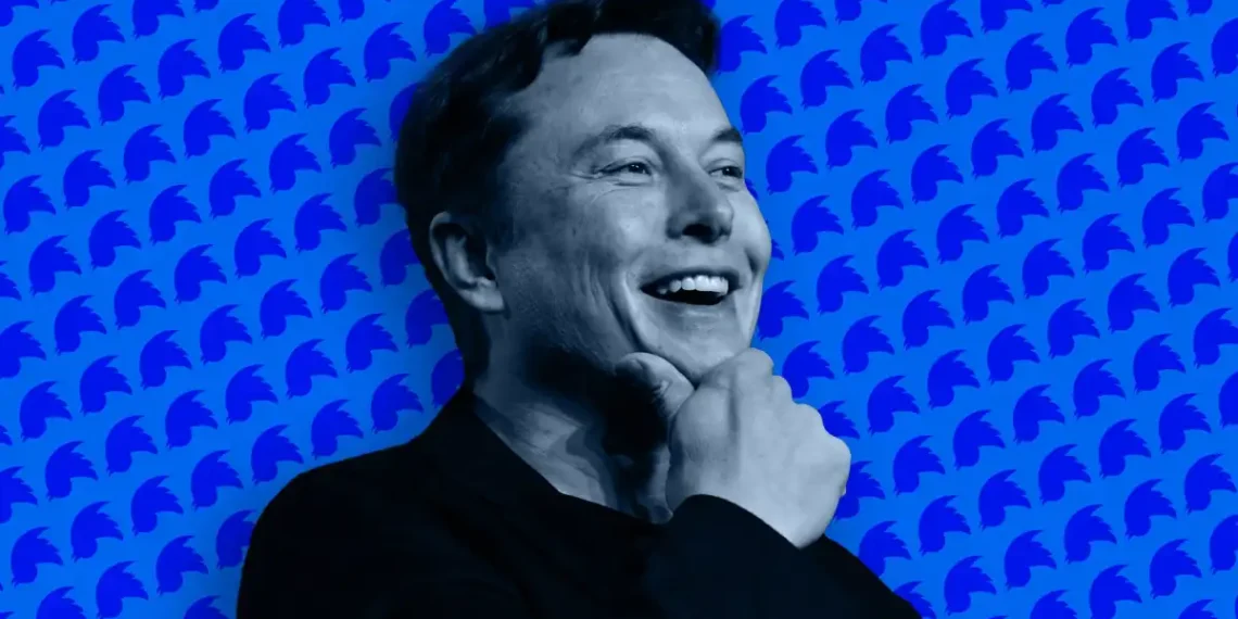 Elon Musk em um fundo azul do Twitter