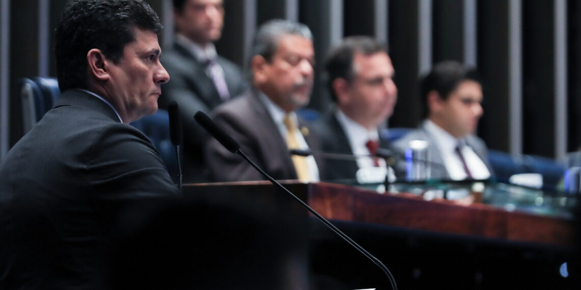 Brasília (DF) 22/03/2023 Senador, Sergio Moro, durante discurso na tribuna do senado onde falou sobre atentado contra ele e sua família.