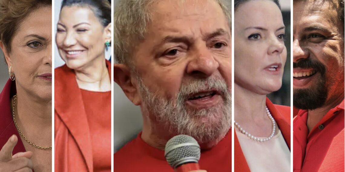 Dilma Rousseff, Gleisi Hoffmann, Janja da Silva, Lula e Guilherme Boulos Gleisi Hoffmann, presidente do PT, concedendo coletiva no Senado Federal — Reprodução/Internet