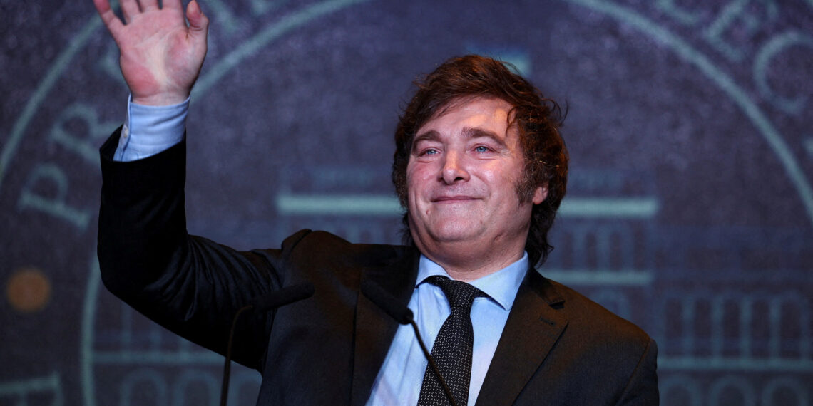 FILE PHOTO: Argentine president-elect Javier Milei addresses supporters after winning Argentina's runoff presidential election, in Buenos Aires, Argentina November 19, 2023. REUTERS/Agustin Marcarian/File Photo