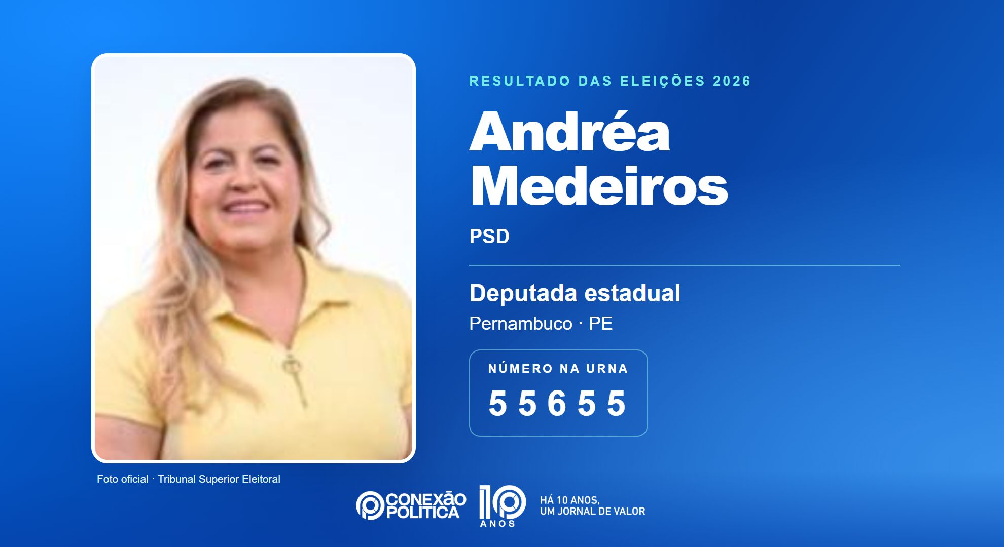 Retrato oficial TSE — Eleições 2026: Andréa Medeiros, do PSD, é eleita deputada estadual em PE com 49.263 votos