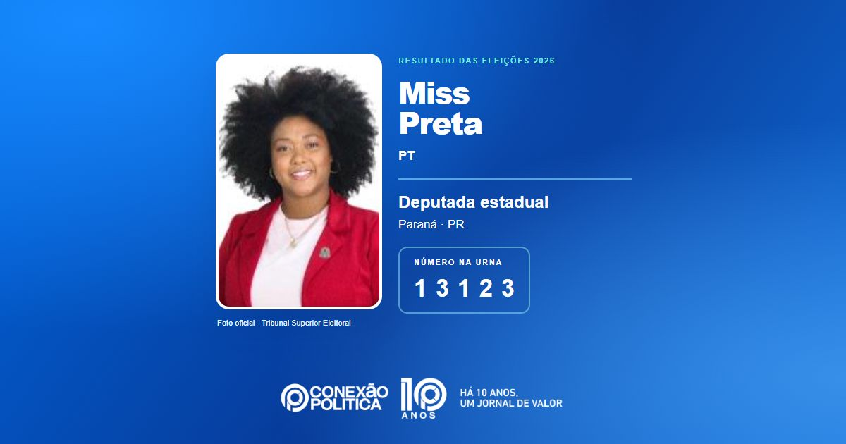 Foto oficial de Deputado Estadual — Eleições 2026: Miss Preta, do PT, é eleita deputada estadual no PR com 45.566 votos
