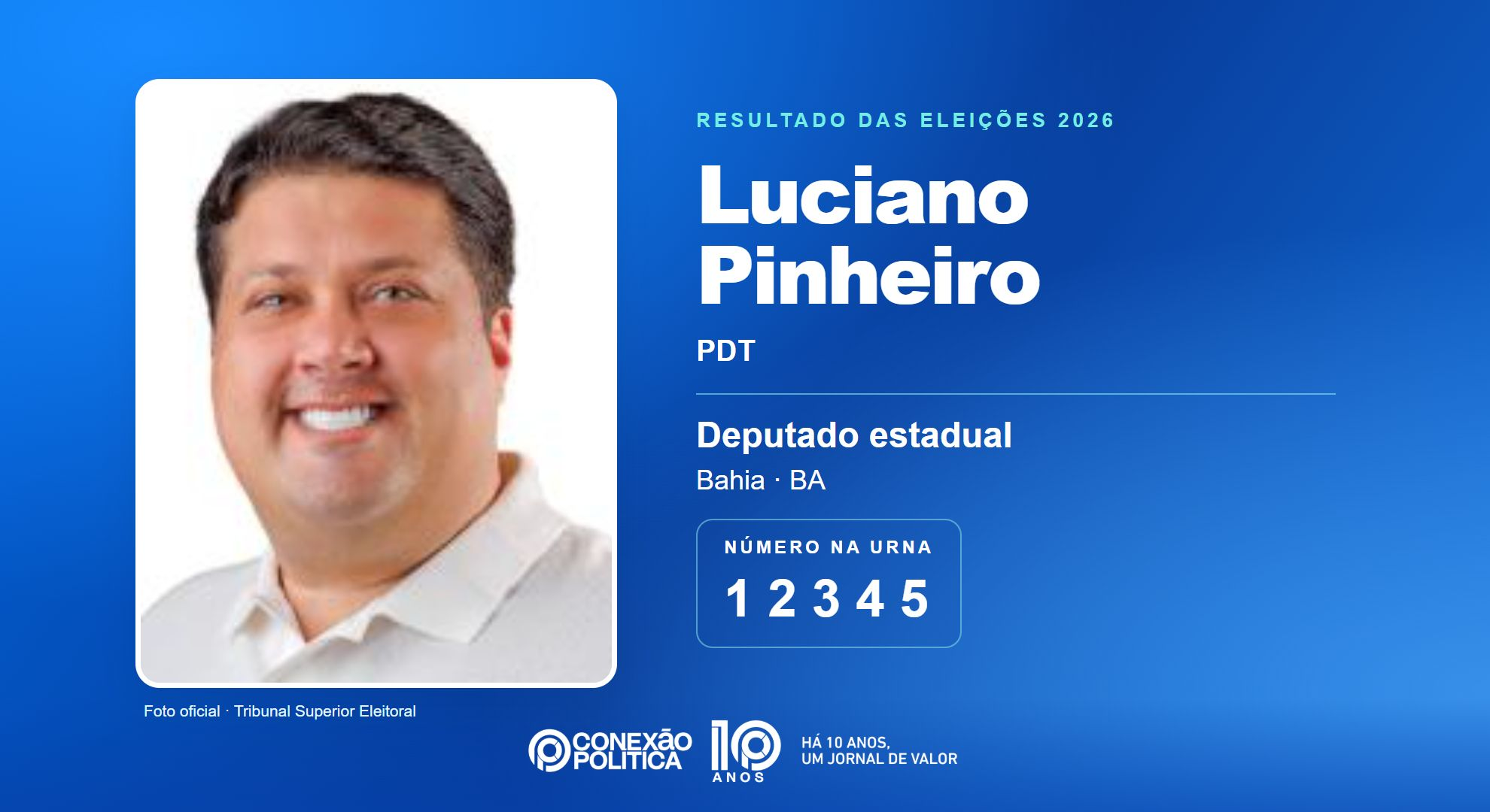Retrato oficial TSE — Eleições 2026: Luciano Pinheiro, do PDT, é eleito deputado estadual na BA com 92.339 votos
