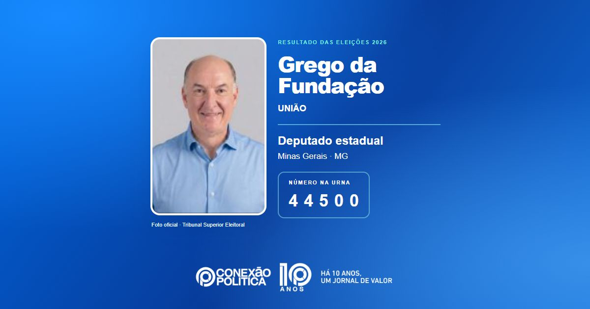 Foto oficial de Deputado Estadual — Eleições 2026: Grego da Fundação, do UNIÃO, é eleito deputado estadual em MG com 96.385 votos