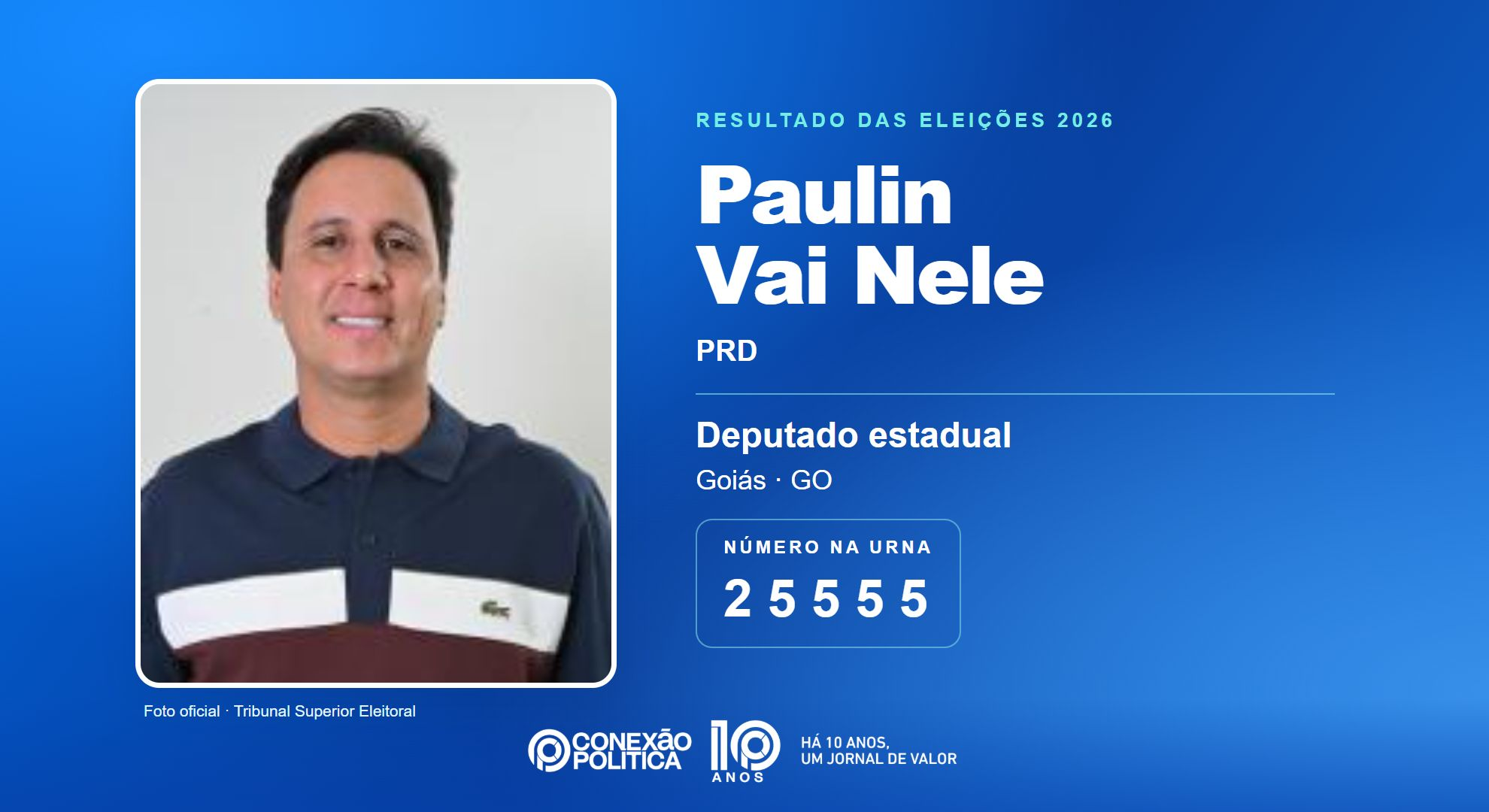 Retrato oficial TSE — Eleições 2026: Paulin Vai Nele, do PRD, é eleito deputado estadual em GO com 33.588 votos