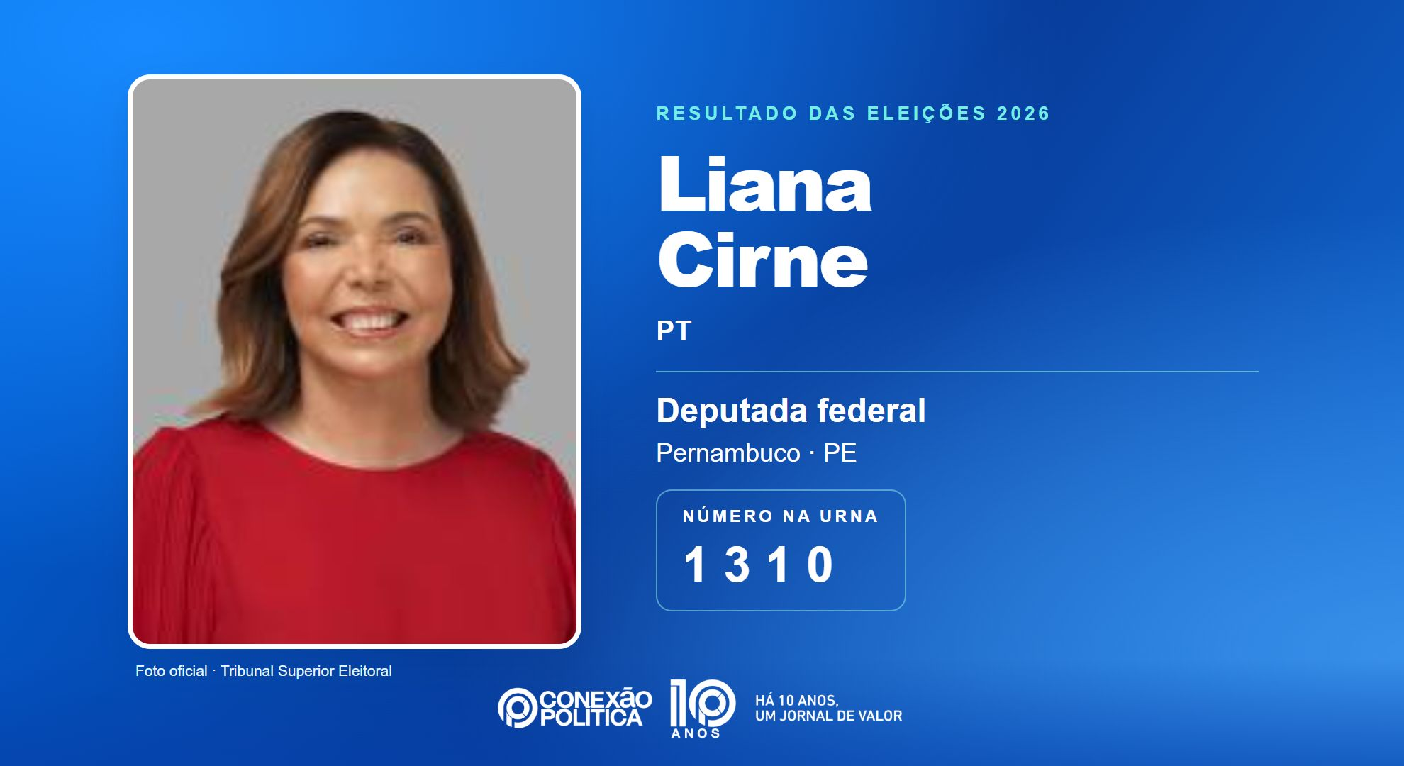Retrato oficial TSE — Eleições 2026: Liana Cirne, do PT, é eleita deputada federal em PE com 85.039 votos