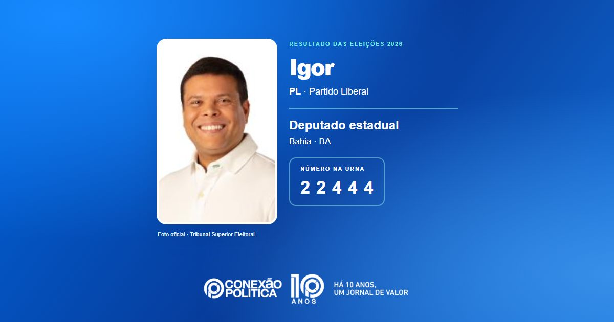 Foto oficial de Deputado Estadual — Eleições 2026: Igor, do PL, é eleito deputado estadual na BA com 79.736 votos