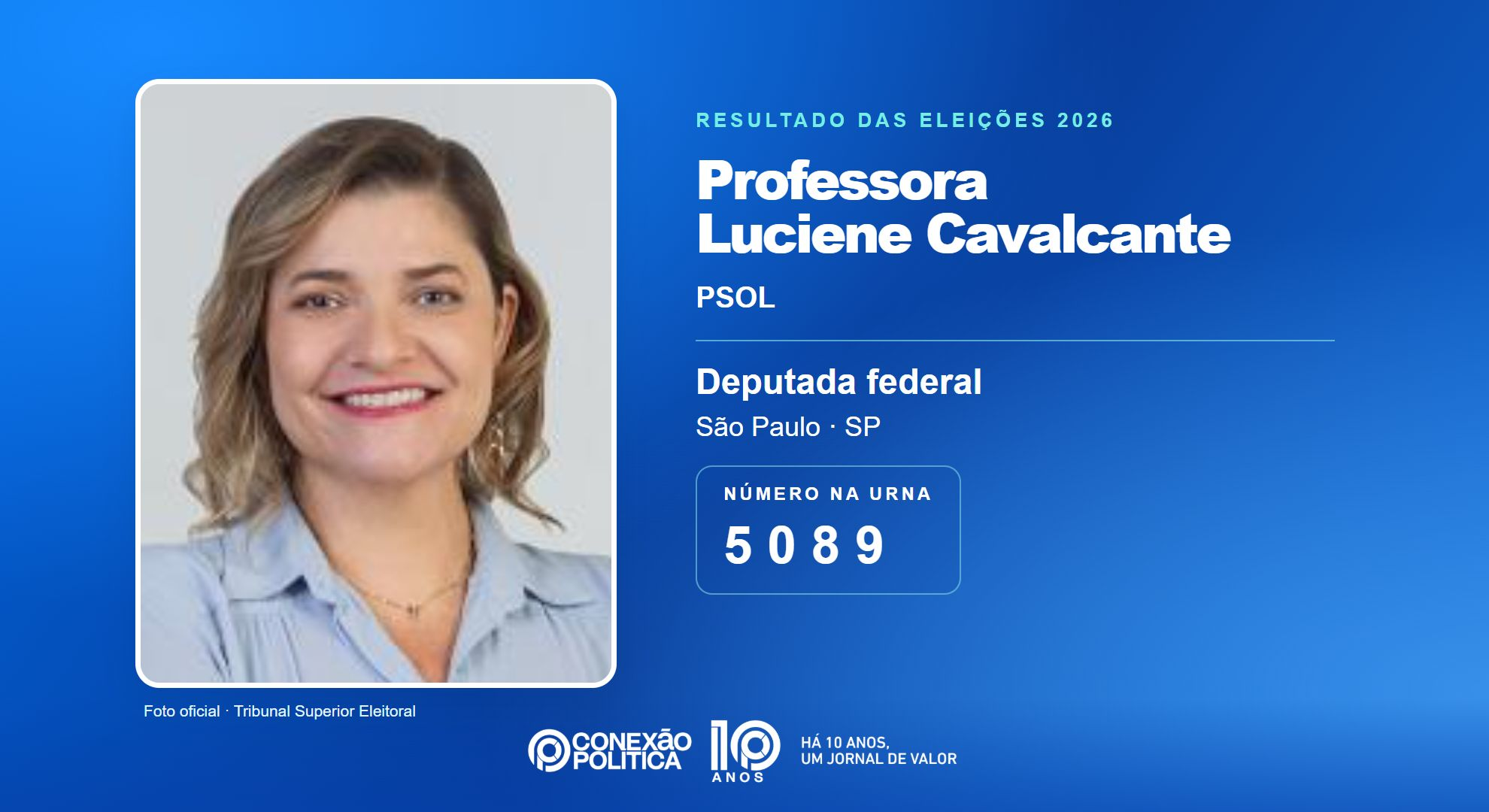 Retrato oficial TSE — Eleições 2026: Professora Luciene Cavalcante, do PSOL, é eleita deputada federal em SP com 253.778 votos