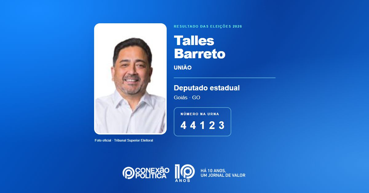 Foto oficial de Deputado Estadual — Eleições 2026: Talles Barreto, do UNIÃO, é eleito deputado estadual em GO com 41.429 votos