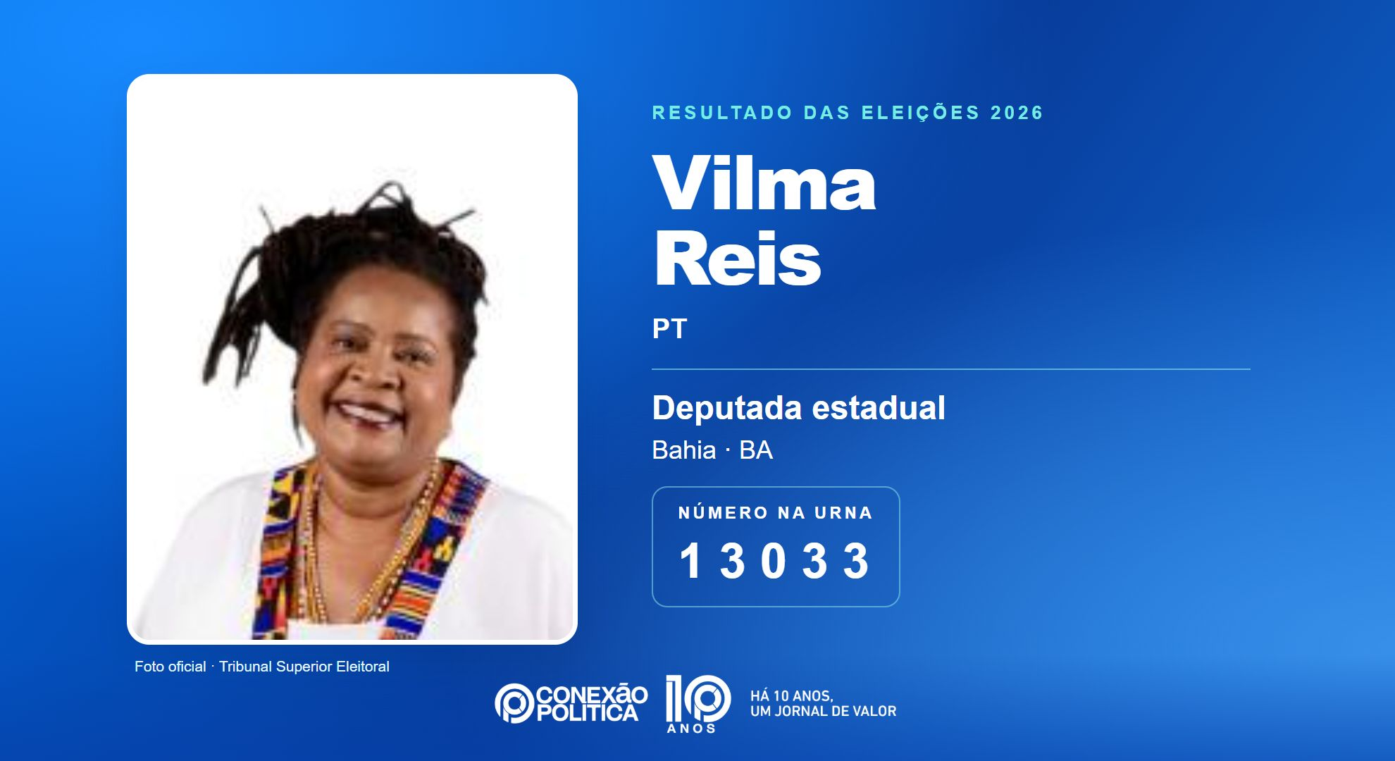 Retrato oficial TSE — Eleições 2026: Vilma Reis, do PT, é eleita deputada estadual na BA com 83.222 votos