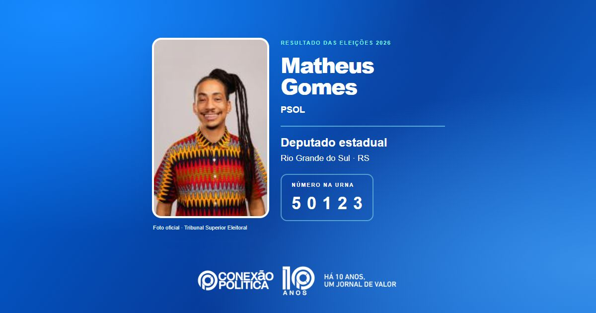 Foto oficial de Deputado Estadual — Eleições 2026: Matheus Gomes, do PSOL, é eleito deputado estadual no RS com 98.813 votos