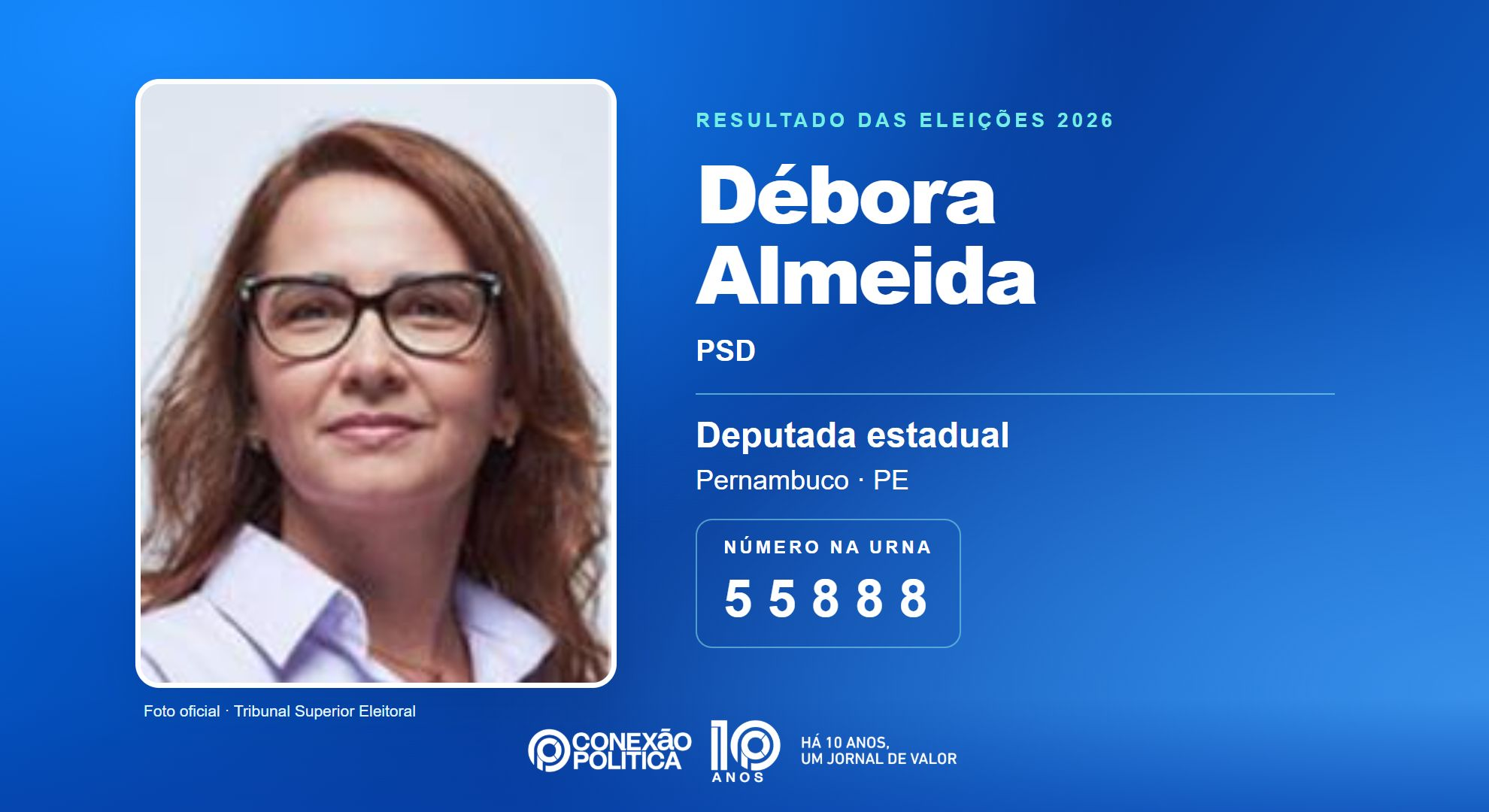 Retrato oficial TSE — Eleições 2026: Débora Almeida, do PSD, é eleita deputada estadual em PE com 64.748 votos
