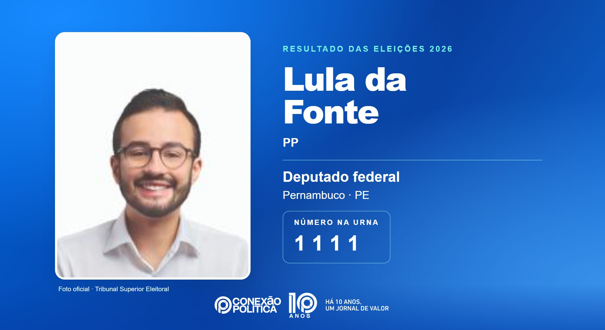 Retrato oficial TSE — Eleições 2026: Lula da Fonte, do PP, é eleito deputado federal em PE com 147.913 votos