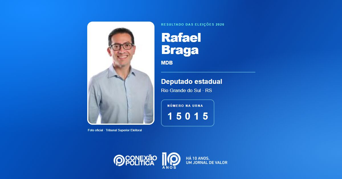 Foto oficial de Deputado Estadual — Eleições 2026: Rafael Braga, do MDB, é eleito deputado estadual no RS com 46.718 votos
