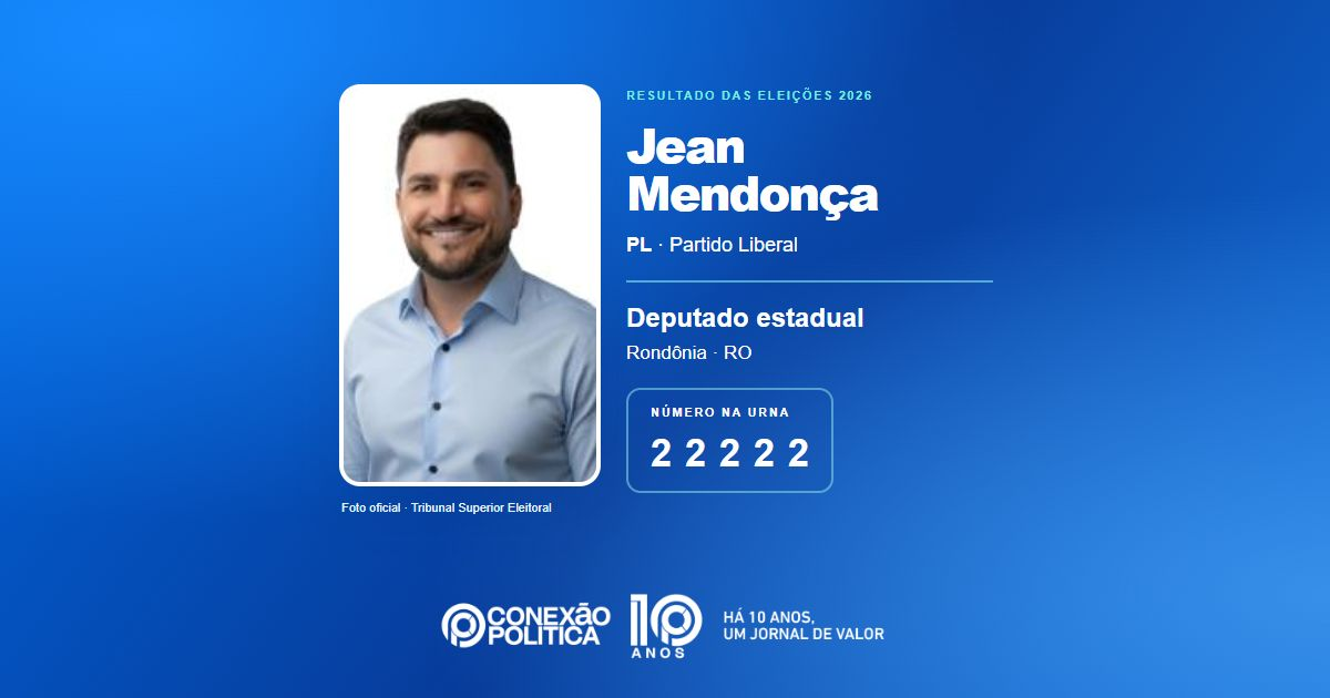 Foto oficial de Deputado Estadual — Eleições 2026: Jean Mendonça, do PL, é eleito deputado estadual em RO com 26.107 votos