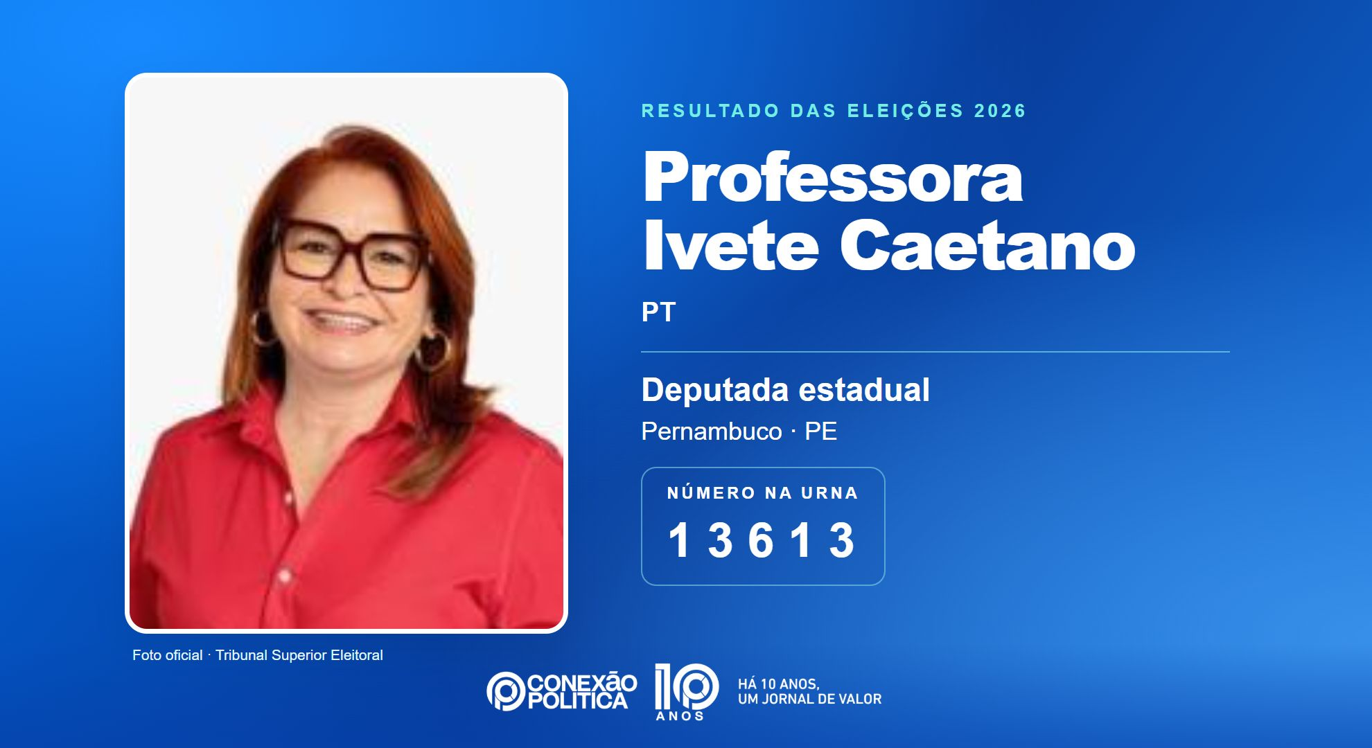 Retrato oficial TSE — Eleições 2026: Professora Ivete Caetano, do PT, é eleita deputada estadual em PE com 63.033 votos