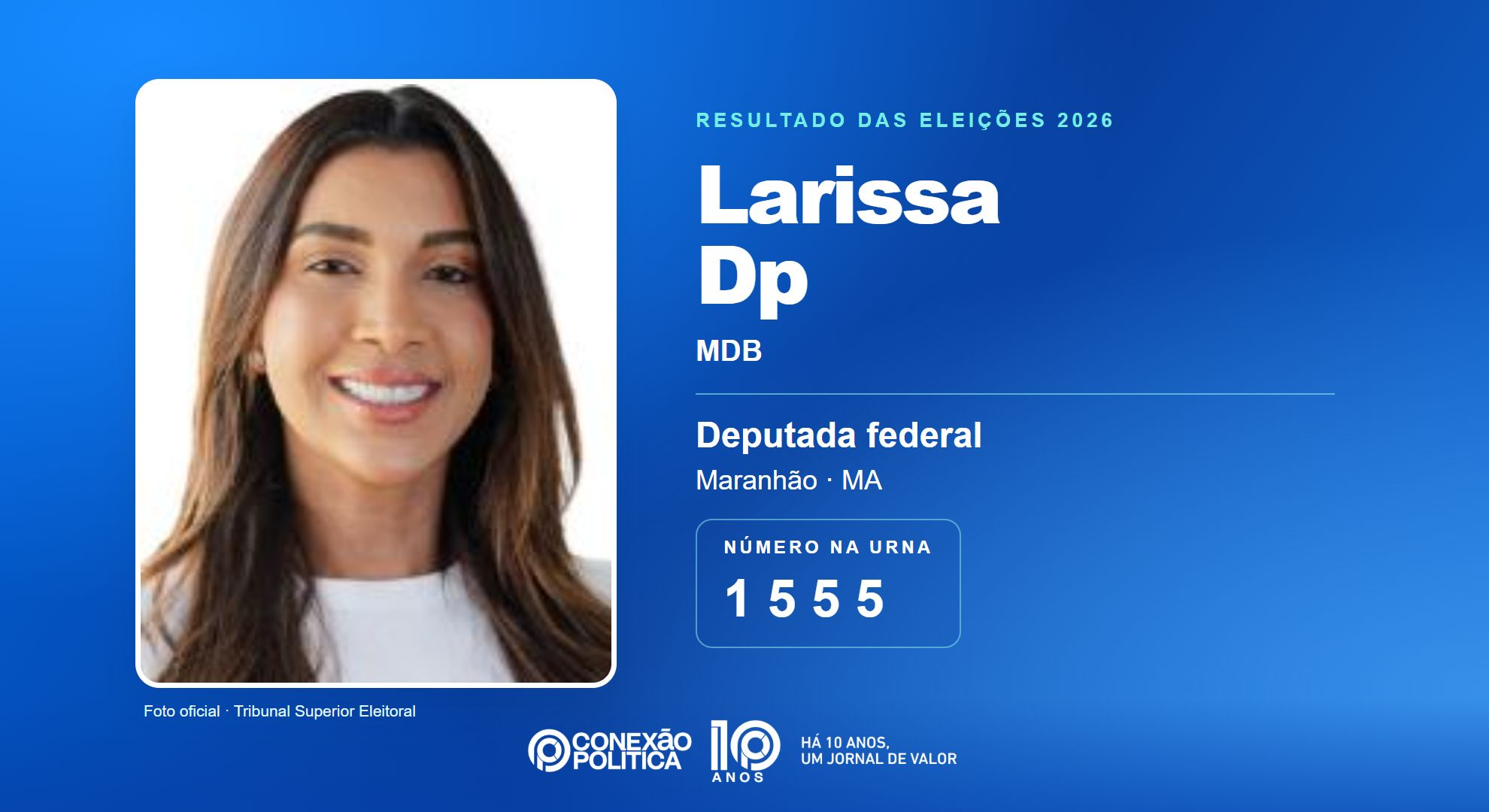 Retrato oficial TSE — Eleições 2026: Larissa Dp, do MDB, é eleita deputada federal no MA com 137.136 votos
