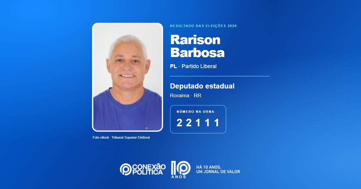 Foto oficial de Deputado Estadual — Eleições 2026: Rarison Barbosa, do PL, é eleito deputado estadual em RR com 7.719 votos