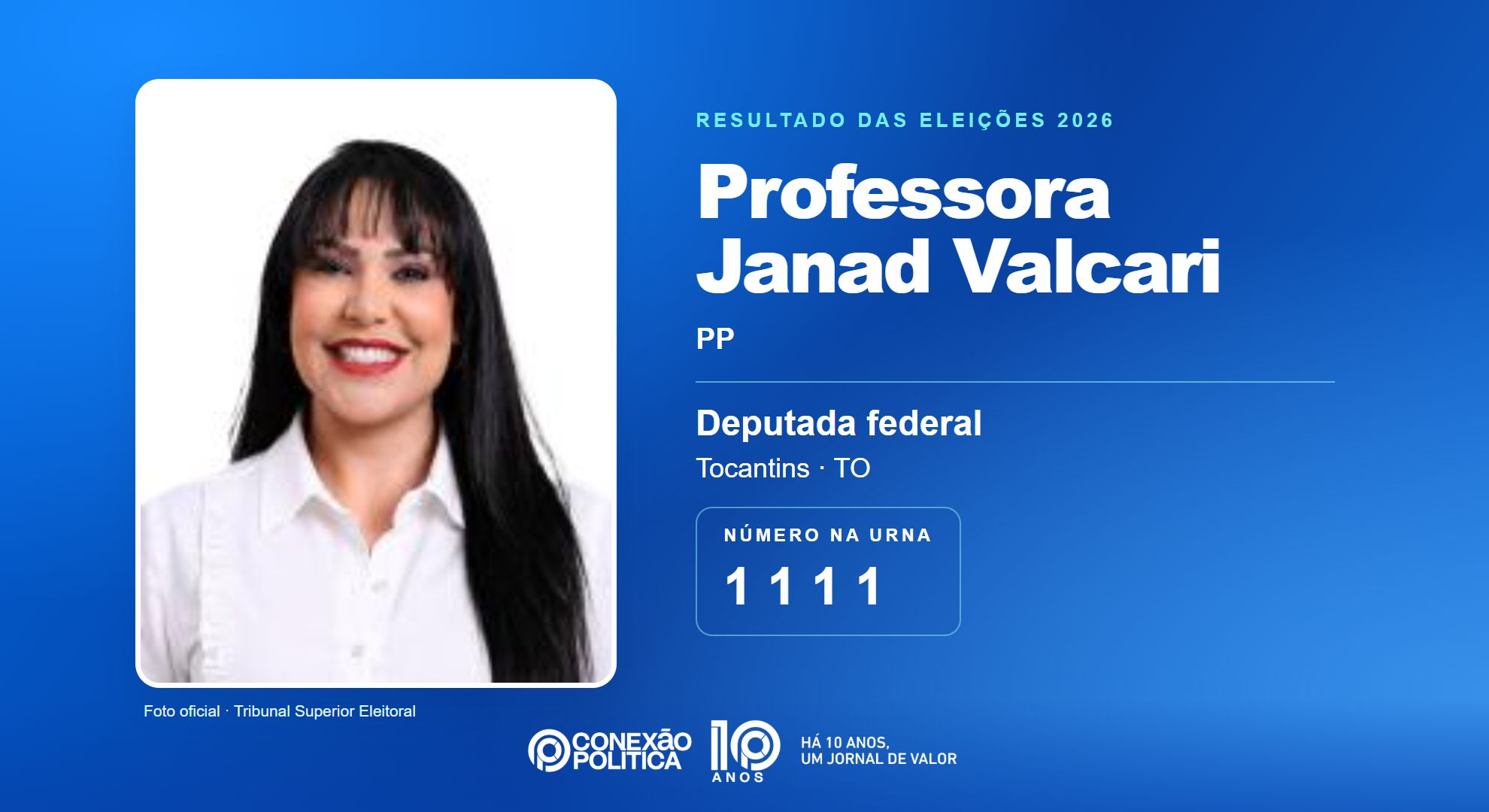 Retrato oficial TSE — Eleições 2026: Professora Janad Valcari, do PP, é eleita deputada federal no TO com 99.026 votos