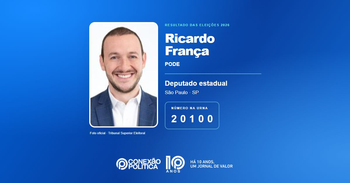 Foto oficial de Deputado Estadual — Eleições 2026: Ricardo França, do PODE, é eleito deputado estadual em SP com 53.644 votos