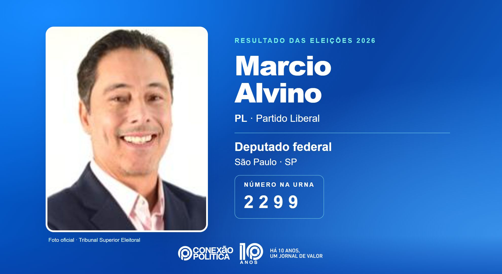 Retrato oficial TSE — Eleições 2026: Marcio Alvino, do PL, é eleito deputado federal em SP com 261.325 votos