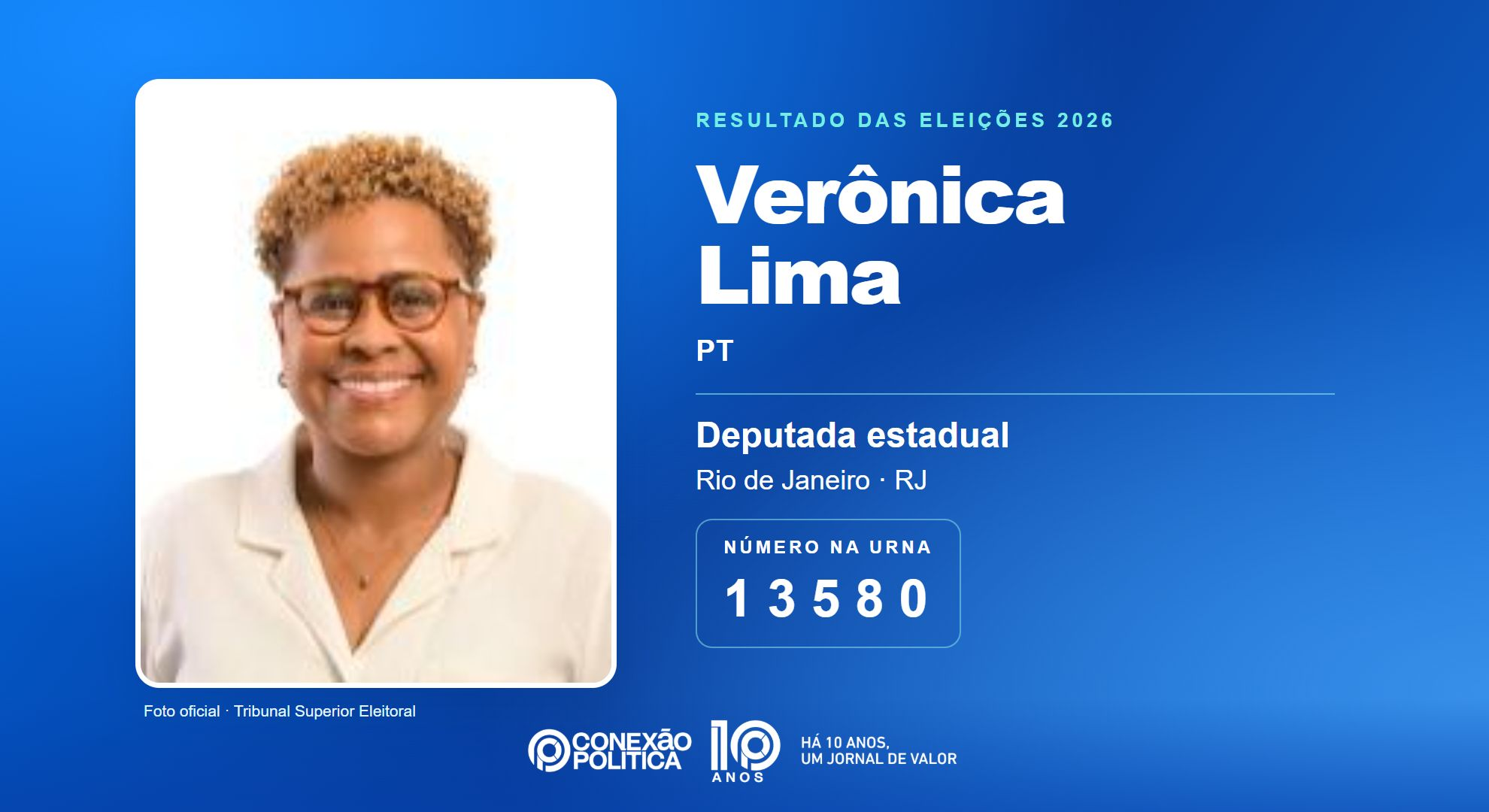 Retrato oficial TSE — Eleições 2026: Verônica Lima, do PT, é eleita deputada estadual no RJ com 85.421 votos